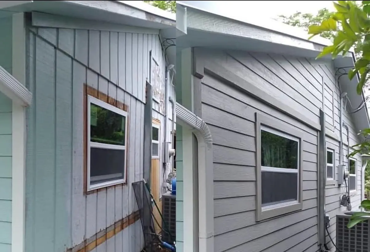 Damaged siding next to a repaired section